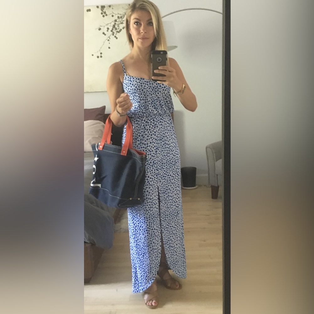 Susana Mónaco blue and white maxi dress with slit and adjustable straps